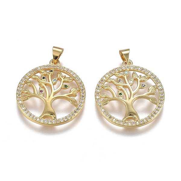 

PandaHall Brass Micro Pave Colorful Cubic Zirconia Pendants, Long-Lasting Plated, with Snap on Bails, Flat Round with Tree, Real 18K Gold...