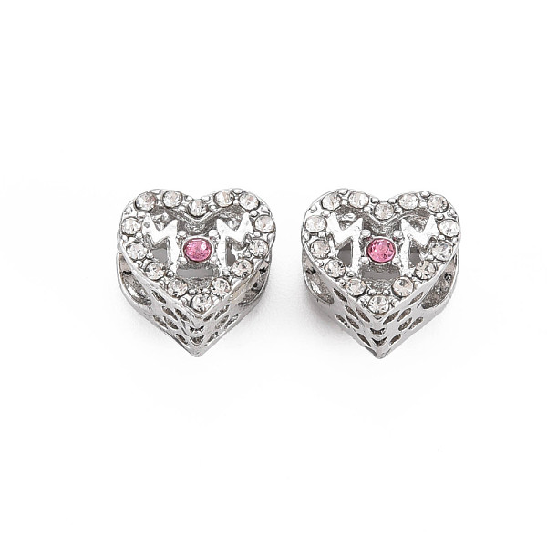 

PandaHall Rack Plating Alloy European Beads, with Rhinestone, Large Hole Beads, Cadmium Free & Nickel Free & Lead Free, Heart, Platinum..., Pink