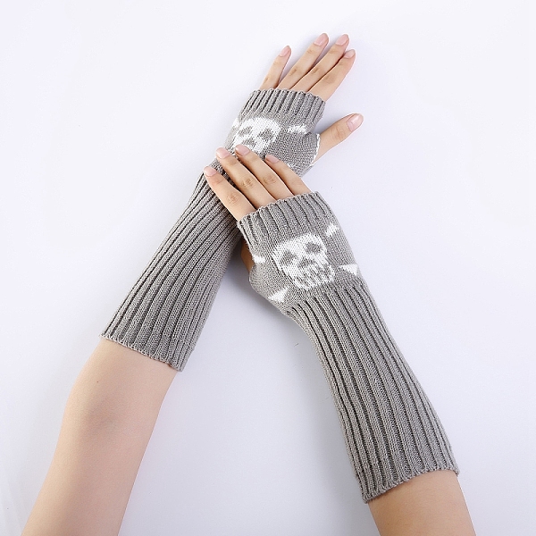 PandaHall Polyacrylonitrile Fiber Yarn Knitting Long Fingerless Gloves, Arm Warmer, Winter Warm Gloves with Thumb Hole, Skull Pattern, Light...