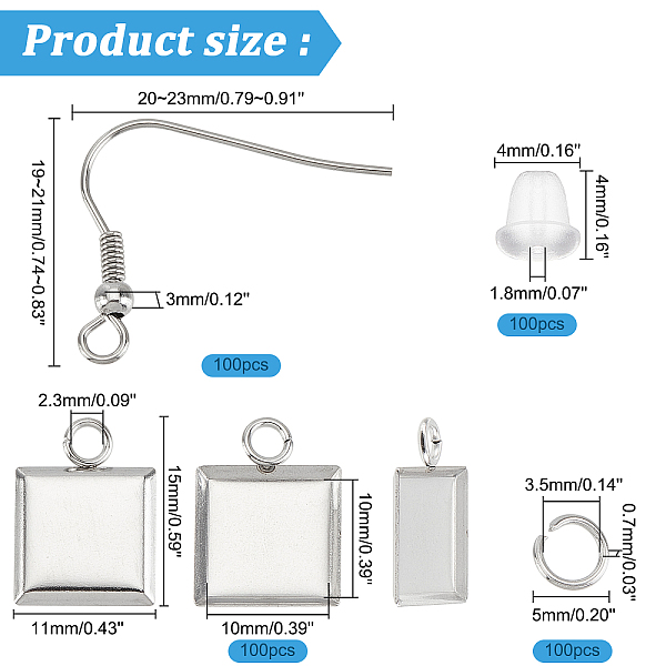 

PandaHall DICOSMETIC 400Pcs DIY Earrring Making Kit 100Pcs Square Setting Tray 100Pcs Earring Hooks and 100Pcs Jump Ring 100Pcs Plastic Ear...