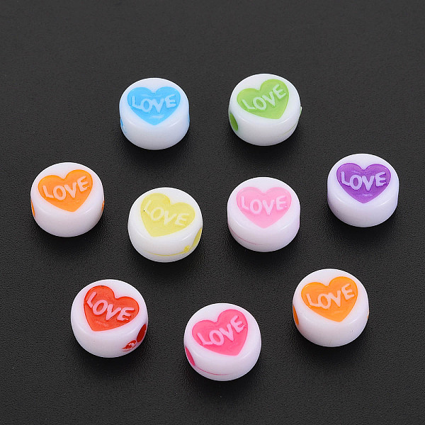 

PandaHall Craft Style Acrylic Beads, Flat Round with Heart & Word Love, Mixed Color, 9.5x5mm, Hole: 2mm, 200pcs/box Acrylic Flat Round..., Multicolor
