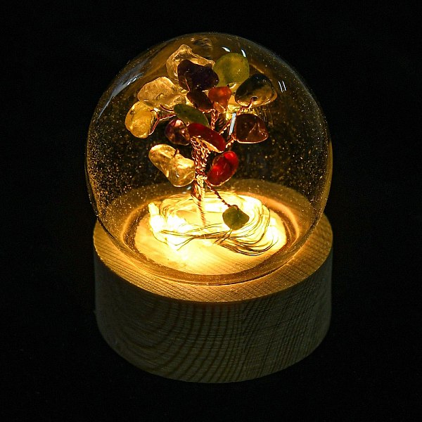 PandaHall LED Glass Crystal Ball Ornament, with Natural Gemstone Chips Money Tree inside, Reiki Energy Stone Desktop Office Table Decor...