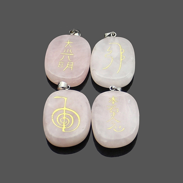 

PandaHall 4Pcs 4 Styles Natural Rose Quartz Pendants, with Platinum Tone Brass Findings, Oval Charm with Religion Reiki symbols Mixed...