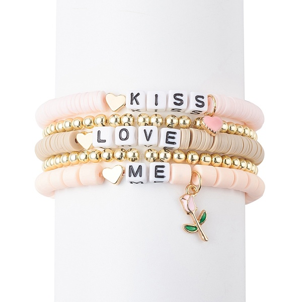 

PandaHall 5Pcs 5 Style Word Kiss Love Me Acrylic Stretch Bracelets Set with Heart Rose Enamel Charms, Polymer Clay Heishi Surfer Preppy...