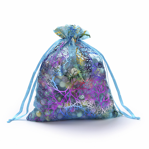 PandaHall Organza Gift Bags, Drawstring Bags, with Colorful Coral Pattern, Rectangle, Dark Turquoise, 9x7cm Organza Flower Cyan