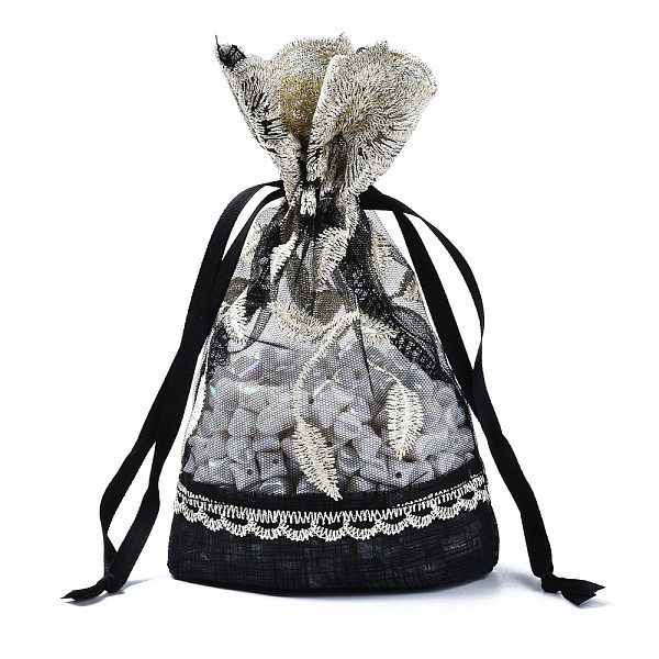 PandaHall Polyester Lace & Slub Yarn Drawstring Gift Bags, for Jewelry & Baby Showers Packaging Wedding Favor Bag, Black, 18~19x12~13x0.3cm...