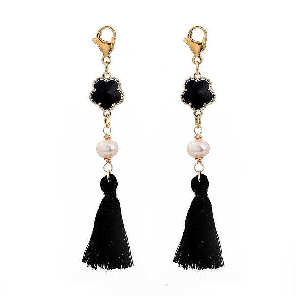 

PandaHall Cotton Thread Tassel Big Pendants, with Natural Pearl Beads, Alloy Glass Links and 304 Stainless Steel Lobster Claw Clasps, Flower..., Black