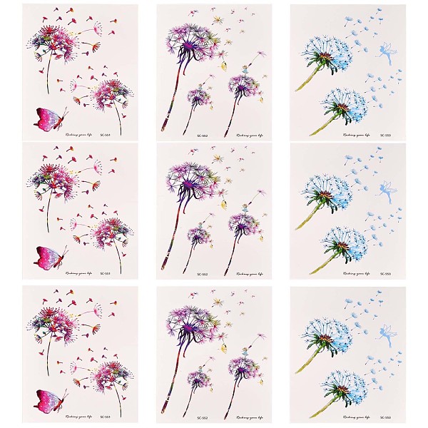 PandaHall Dandelion Body Art Tattoos, Waterproof Self Adhesive Temporary Tattoo, Mixed Color, 15x10.5cm Paper Flower Multicolor