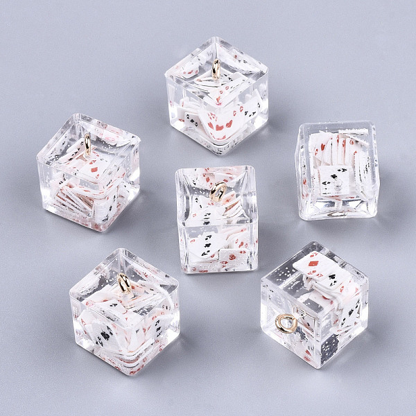 

PandaHall Transparent Epoxy Resin Pendants, with Polymer Clay Inside and Golden Plated Iron Loop, Cube with Poker Inside, White, 16x14x14mm...
