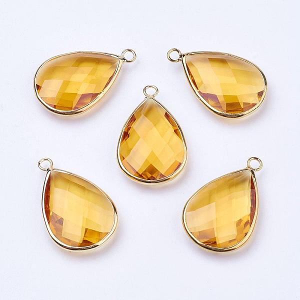 

PandaHall Golden Tone Brass Glass Teardrop Pendants, Faceted, Yellow, 18x10x5mm, Hole: 2mm Brass+Glass Teardrop Yellow
