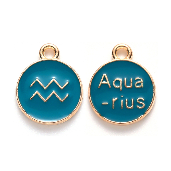 

PandaHall Alloy Enamel Pendants, Cadmium Free & Lead Free, Flat Round with Constellation, Light Gold, Dark Cyan, Aquarius, 15x12x2mm, Hole...