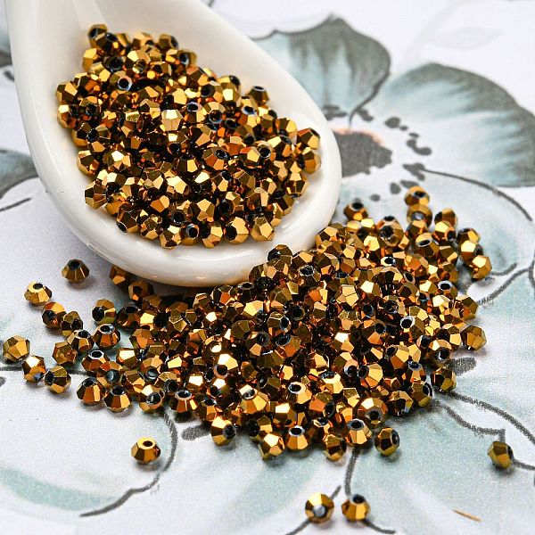 

PandaHall Full Plated Electroplate Glass Beads, Faceted Bicone, Goldenrod, 2x2mm, Hole: 0.7mm, about 720pcs/bag Glass Bicone Gold