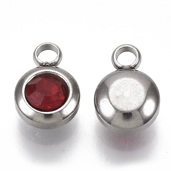 

PandaHall Rhinestone Charms, January Birthstone Charms, with 201 Stainless Steel, Flat Round, Stainless Steel Color, Light Siam, 9x6.5x4mm..., Red
