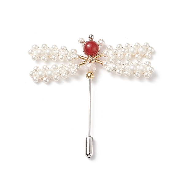 

PandaHall Shell Pearl & Carnelian Braided Dragonfly Lapel Pin, Copper Wire Wrapped Safety Brooch Pin for Suit Tuxedo Corsage Accessories..., Red