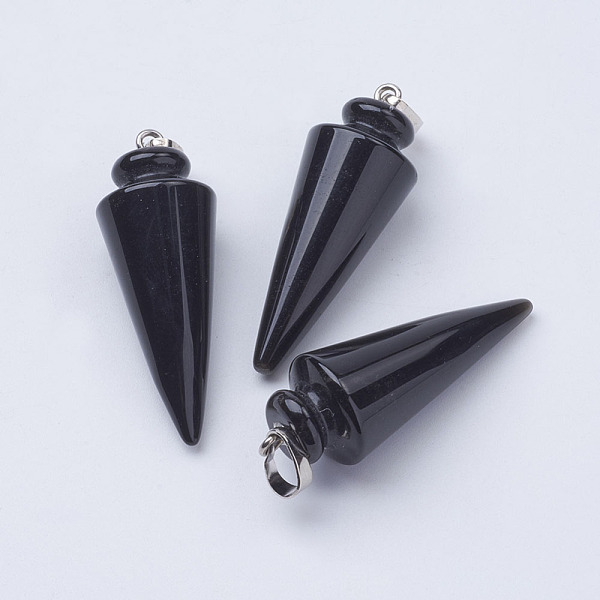 

PandaHall Natural Black Agate Pendants, with Platinum Tone Brass Findings, Cone/Spike/Pendulum, 43~45x16mm, Hole: 5x7mm Black Agate Cone