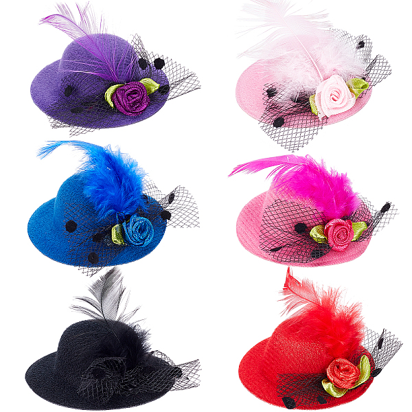 

PandaHall GORGECRAFT 6 Colors 6 Pack Mini Hats Tea Party Hat Small Hats Hair Clip Top Hat Fascinator Decorative with Iron Allgator Hair..., Multicolor