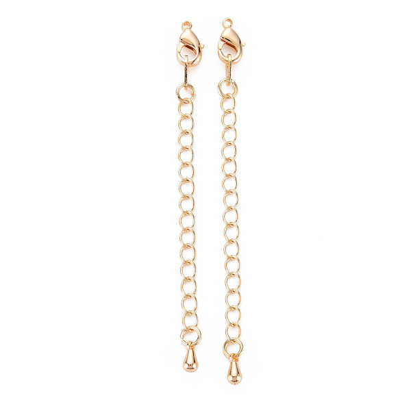 

PandaHall Brass Chain Extender, Curb Chains with Teardrop Charms & Lobster Claw Clasps, Nickel Free, Real 18K Gold Plated, 73mm Brass
