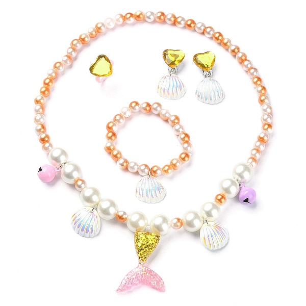 PandaHall Plastic & Resin Bead Jewelry Set for Kids, including Shell & Mermaid Tail Pendant Necklaces & Charm Bracelets, Heart Finger Rings...
