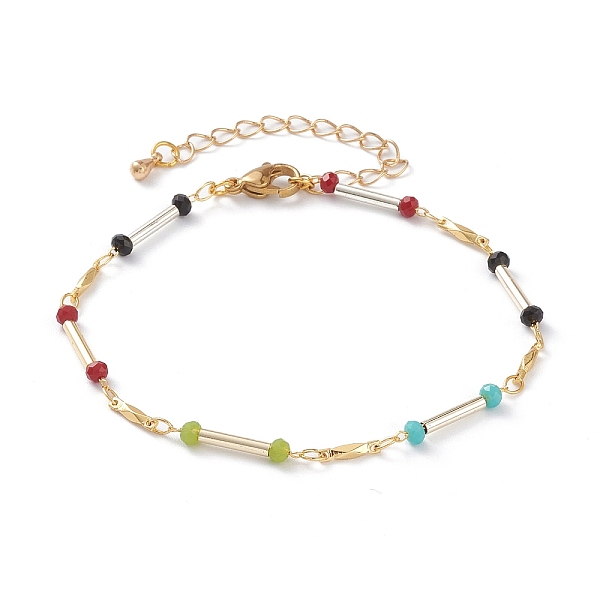 

PandaHall Faceted Rondelle Glass Beaded Bracelets, with Brass Bar Link & Lobster Claw Clasps, Golden, Colorful, 7-3/4 inch(19.6cm) Glass