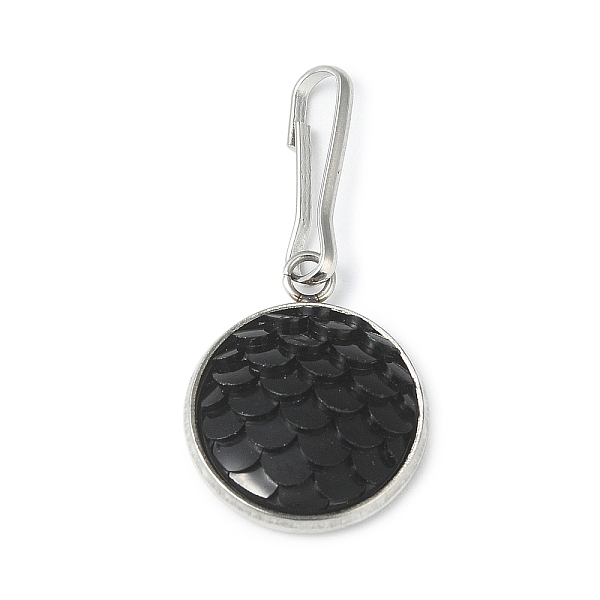 PandaHall Resin Flat Round with Mermaid Fish Scale Keychin, with Iron Keychain Clasp Findings, Black, 2.7cm Resin Flat Round Black