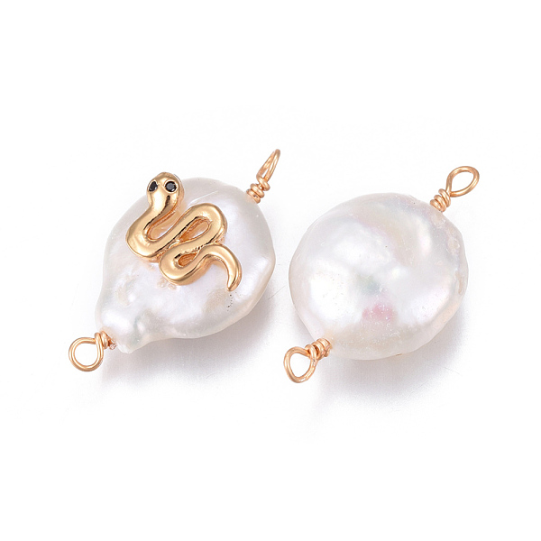 

PandaHall Natural Pearl Links connectors, with Brass Cubic Zirconia Findings, Nuggets with Snake, Golden, Black, 18~27x11~16x5~12mm, Hole...