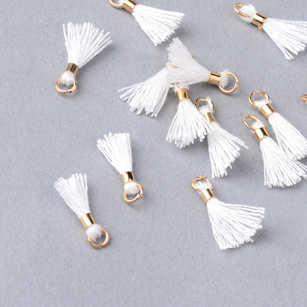 

PandaHall Cotton Tassel Pendant Decorations, with Unwelded Iron Jump Rings, Golden, White, 10~16x2mm, Hole: 1.5mm Cotton White