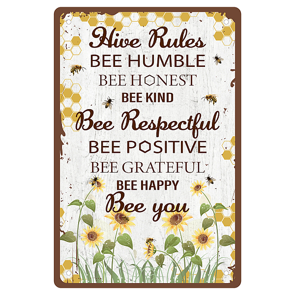 

PandaHall CREATCABIN Metal Tin Sign Hive Rules Bee Happy Retro Vintage Funny Wall Decor Art Mural Hanging Iron Painting for Home Garden Bar..., Brown