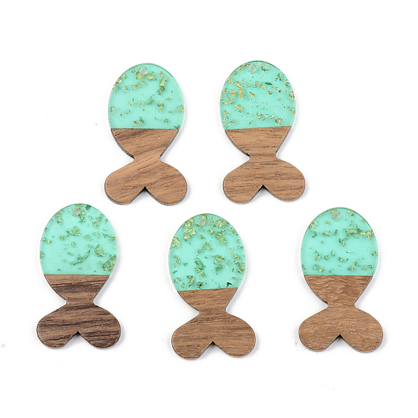 

PandaHall Transparent Resin & Walnut Wood Pendants, with Gold Foil, Fish, Pale Turquoise, 38x22x3mm, Hole: 2mm Resin+Wood Fish Cyan