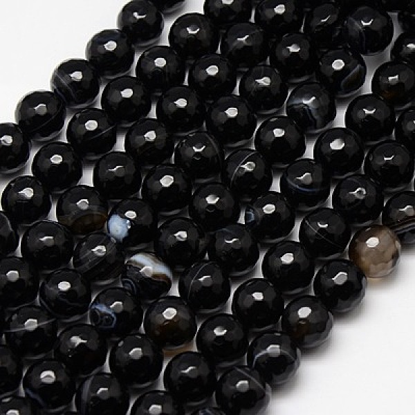 

PandaHall Natural Black Striped Agate/Banded Agate Beads Strands, Faceted, Dyed, Round, Black, 10mm, Hole: 1.2mm, about 38pcs/strand, 15...