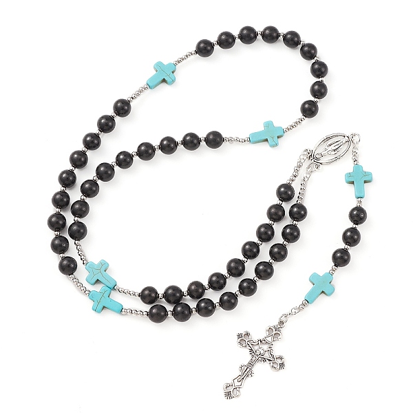 

PandaHall Synthetic Turquoise & Wood Rosary Bead Necklace, Alloy Cross & Virgin Mary Pendant Necklace for Religion, Blue, 25.98 inch(66cm)...