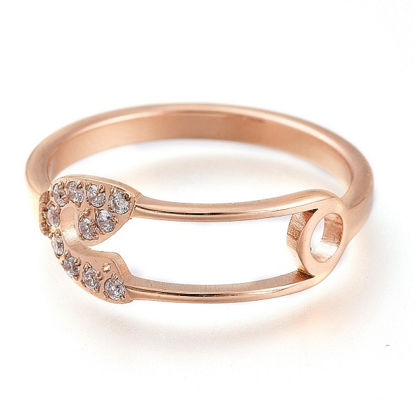 

PandaHall 304 Stainless Steel Finger Rings, with Clear Cubic Zirconia, Wide Band Rings, Safety Pin Shape, Rose Gold, US Size 7, Inner...