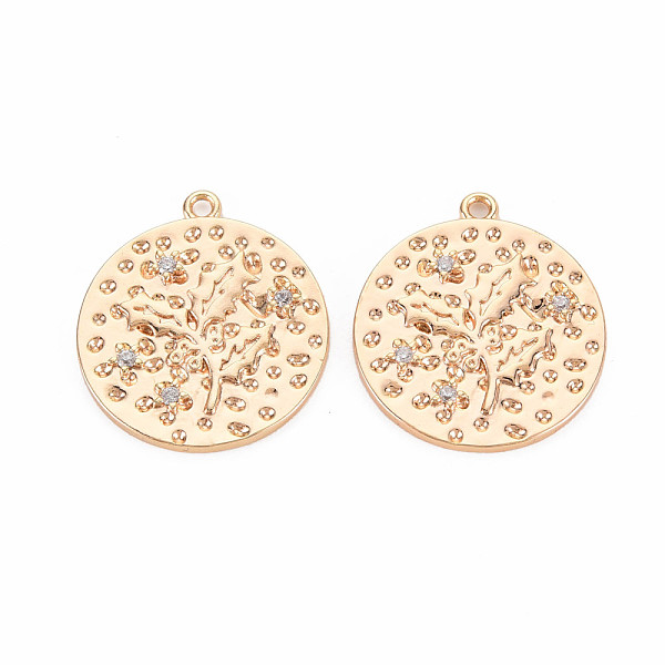 

PandaHall Brass Micro Pave Clear Cubic Zirconia Pendants, Nickel Free, Flat Round with Holly Leaf, Real 18K Gold Plated, 22x20x2mm, Hole...