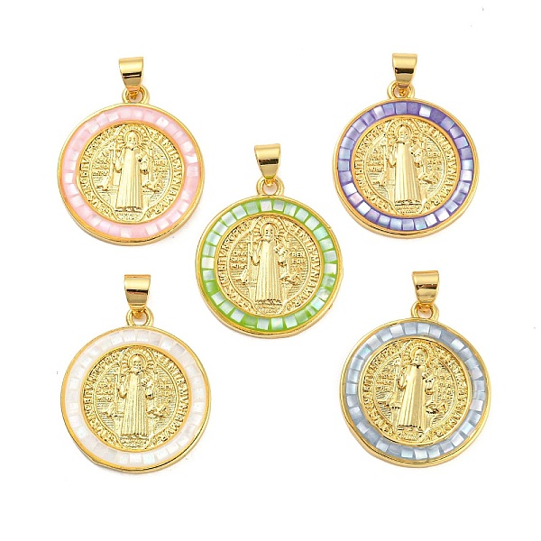

PandaHall Brass Charms, with Shell, Cadmium Free & Lead Free, Long-Lasting Plated, Flat Round with Cssml Ndsmd Cross God Father Religious..., Multicolor