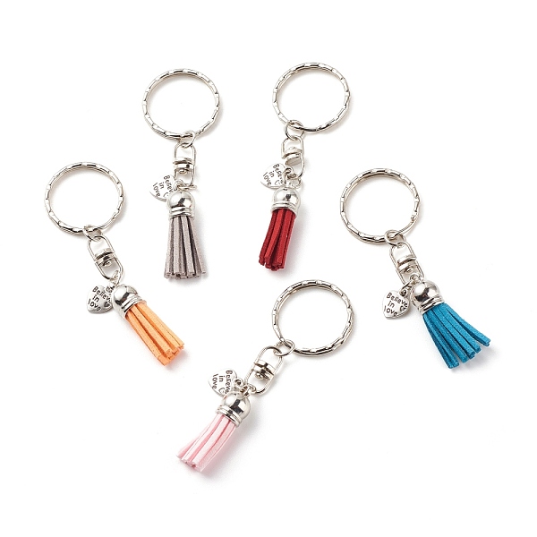 

PandaHall Faux Suede Tassel & Tibetan Style Alloy Pendant Keychain, with Iron Split Key Rings, Heart with Phrase Believe In Love, Mixed..., Multicolor