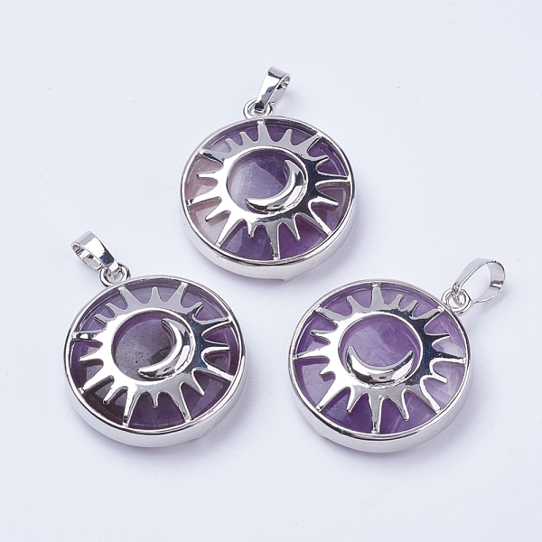 

PandaHall Natural Amethyst Pendants, with Brass Findings, Flat Round with Sun & Moon, Platinum, 31x27.5x8mm, Hole: 5x7mm Amethyst Flat Round