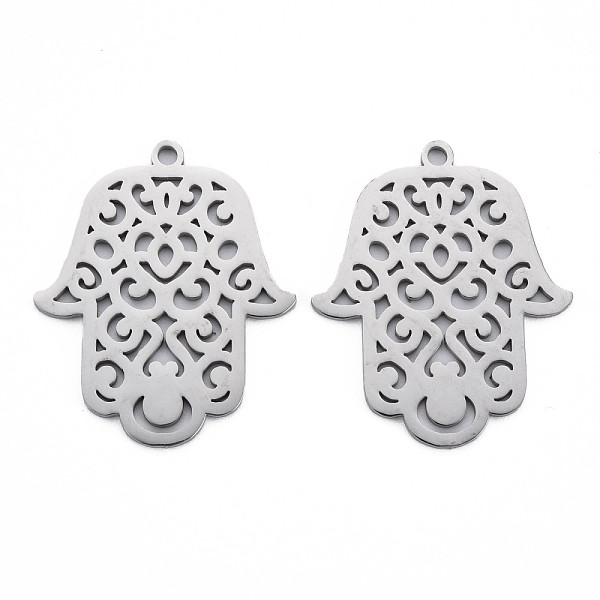 

PandaHall 304 Stainless Steel Pendants, Laser Cut, Hamsa Hand/Hand of Miriam, Stainless Steel Color, 34.5x28x1mm, Hole: 2mm 304 Stainless...