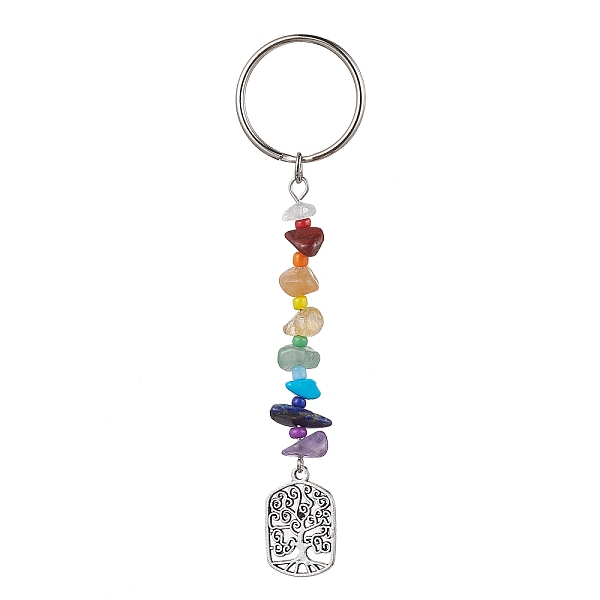 

PandaHall Tree of Life Tibetan Style Alloy Pendant Keychains, with Natural Gemstone Chip Beads and Iron Split Key Rings, Rectangle, 10.5cm...