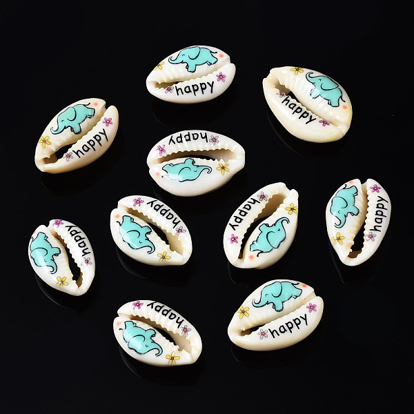 

PandaHall Printed Natural Cowrie Shell Beads, No Hole, Elephant Pattern & Word Happy, Turquoise, 18~23x13~16x7~8mm Cowrie Shell Shell Shape..., Green