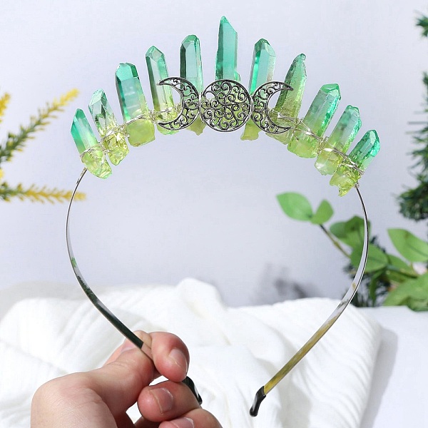 

PandaHall Raw Natural Quartz Hair Bands, Triple Moon Metal Hair Bands, for Women Girls, Green, 180x125x20mm Quartz Moon Green