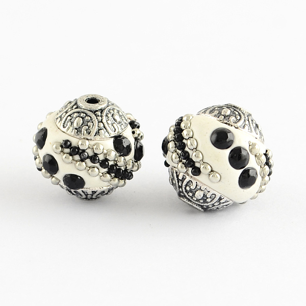 

PandaHall Handmade Indonesia Beads, with Jet Rhinestones and Alloy Cores, Round, Antique Silver, White, 14~16x14~16mm, Hole: 1.5mm Polymer...