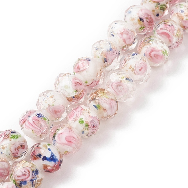 

PandaHall (Defective Closeout Sale: Some Scratched Surface)Handmade Gold Sand Lampwork Beads Strands, Inner Flower, Faceted Rondelle, White...