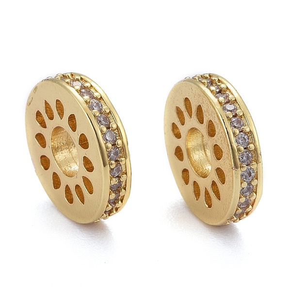 

PandaHall Hollow Brass Micro Pave Clear Cubic Zirconia Beads, Long-Lasting Plated, Flat Round, Real 18K Gold Plated, 12x3mm, Hole: 4mm...