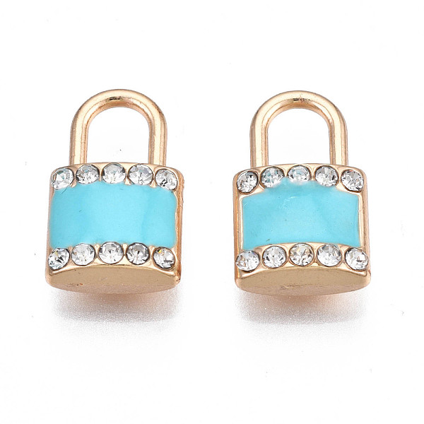 PandaHall Rack Plating Alloy Enamel Pendants, with Crystal Rhinestone, Cadmium Free & Nickel Free & Lead Free, Light Gold, Lock, Cyan