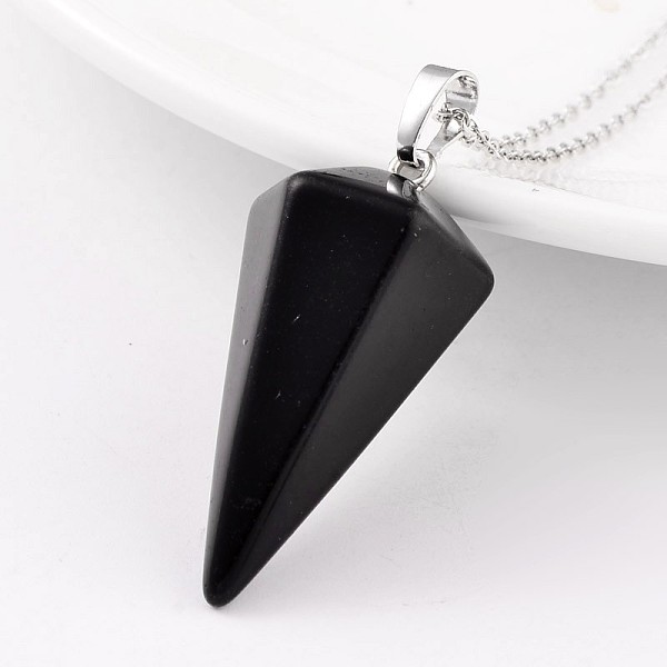 

PandaHall Cone Pendulum Platinum Tone Brass Black Agate Pendants, 39~41x18~19mm, Hole: 5x8mm Black Agate Cone
