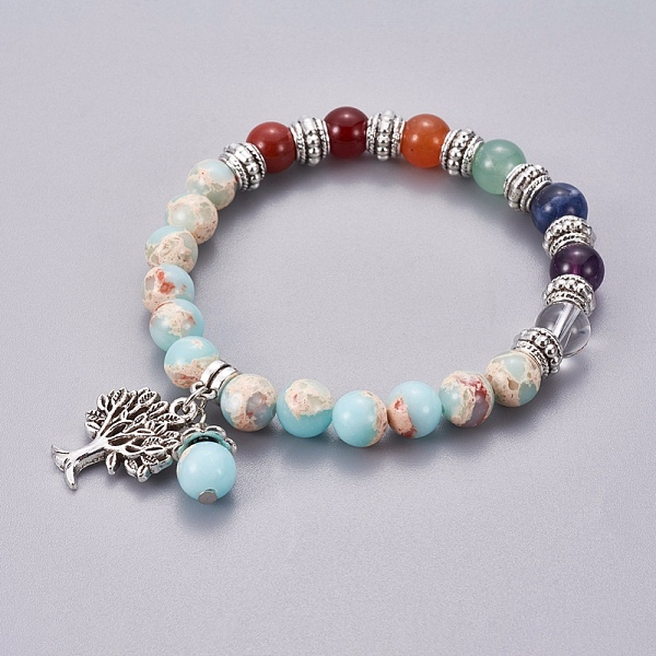 

PandaHall Chakra Jewelry, Synthetic Shoushan Stone Bracelets, with Metal Tree Pendants, 50mm Shoushan Stone