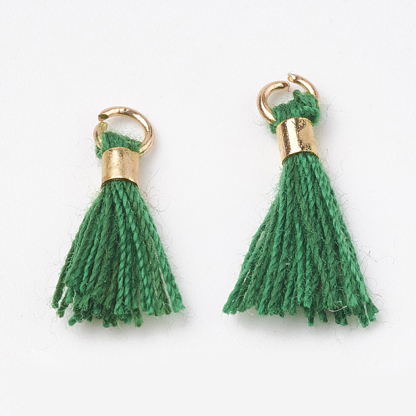 

PandaHall Polycotton(Polyester Cotton) Tassel Pendant Decorations, Mini Tassel, with Brass Findings, Light Gold, Green, 10~15x3~4mm, Hole...