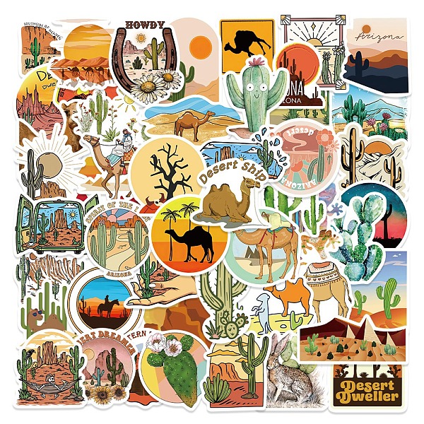 PandaHall 50Pcs Desert Theme PVC Self Adhesive Stickers Set, Waterproof Cactus Decals, for Water Bottles, Laptop, Luggage, Cup, Computer...