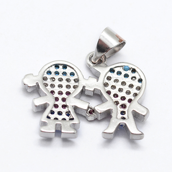 

PandaHall Brass Micro Pave Cubic Zirconia Pendants, Lovers/Boy & Girl, Platinum, 20x19x1.5mm, Hole: 4x3.5mm Brass+Cubic Zirconia Human