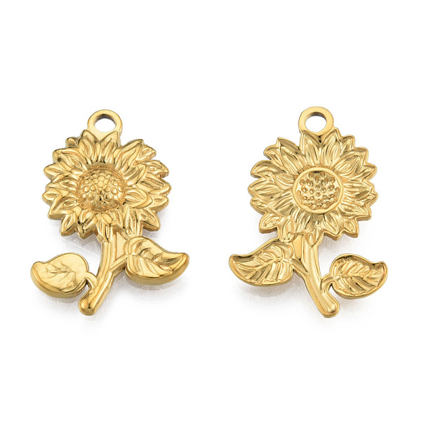 

PandaHall Ion Plating(IP) 201 Stainless Steel Pendants, Sunflower, Real 18K Gold Plated, 26x18x2.5mm, Hole: 2mm 201 Stainless Steel Flower