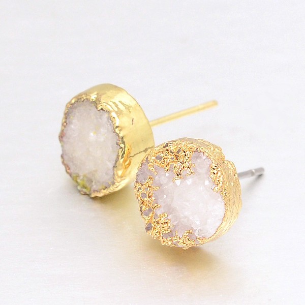 

PandaHall Flat Round Natural Druzy Agate Stud Earrings, with Golden Plated Brass Findings, Snow, 10x6~7mm, Pin: 0.8mm Natural Agate White